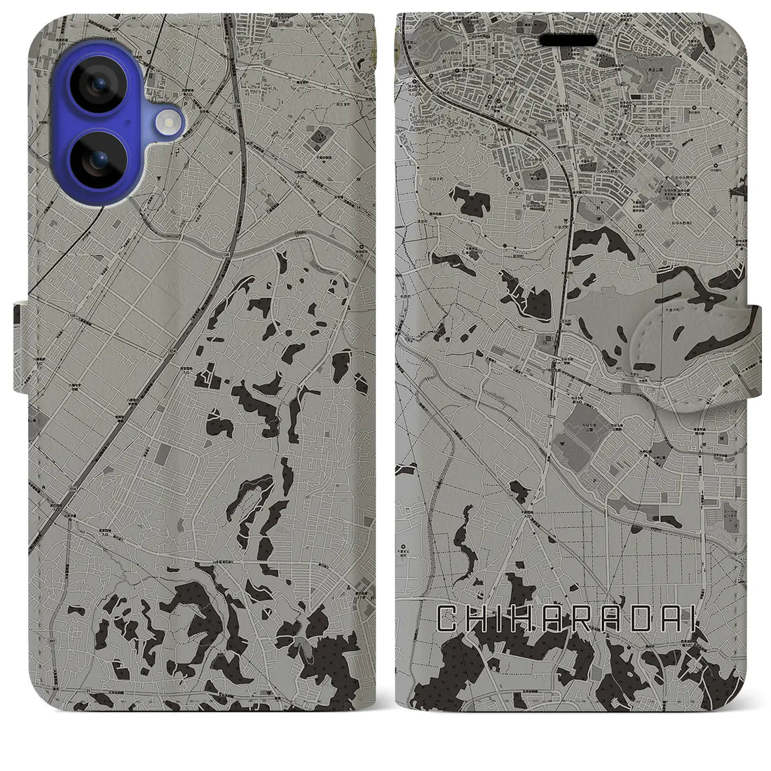 【ちはら台(千葉県)】地図柄iPhoneケース(手帳タイプ)モノトーン・iPhone 16 Pro Max 用