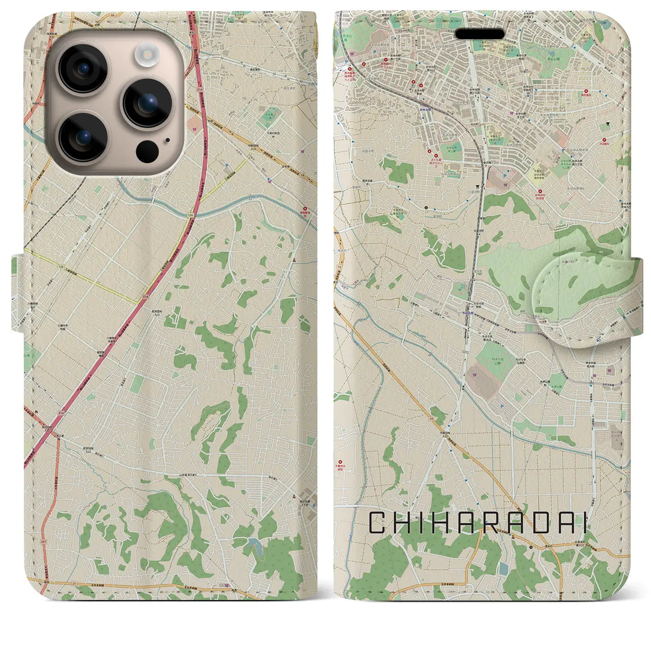 【ちはら台（千葉県）】地図柄iPhoneケース（手帳タイプ）ナチュラル・iPhone 16 Plus 用