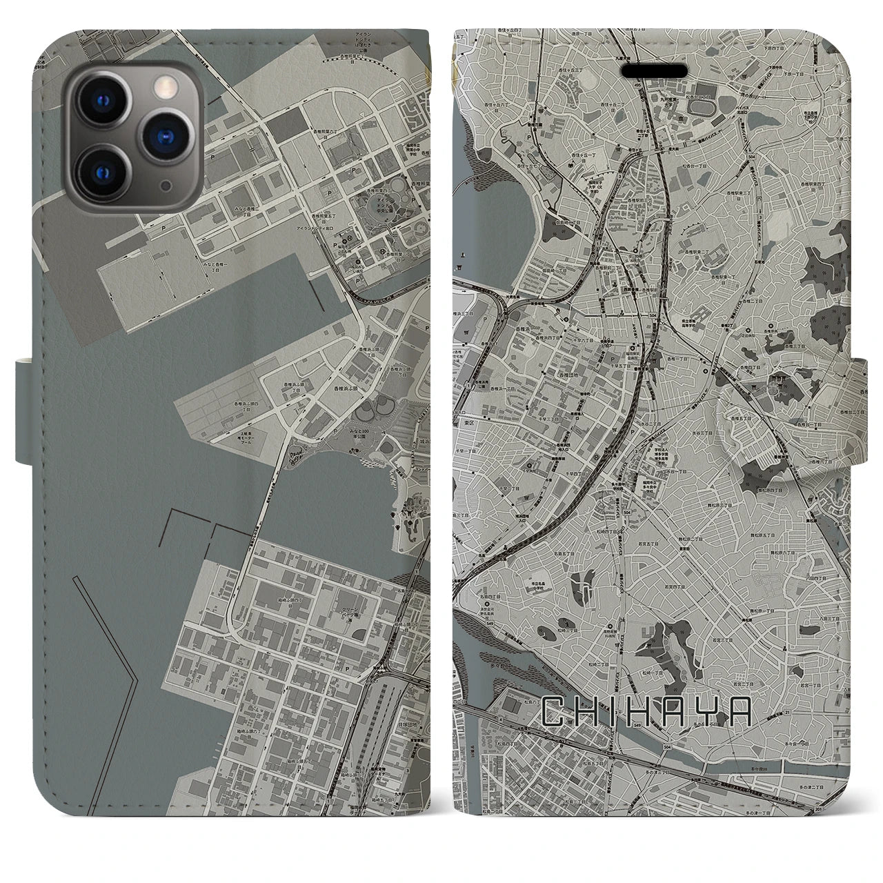 【千早】地図柄iPhoneケース（手帳両面タイプ・モノトーン）iPhone 11 Pro Max 用
