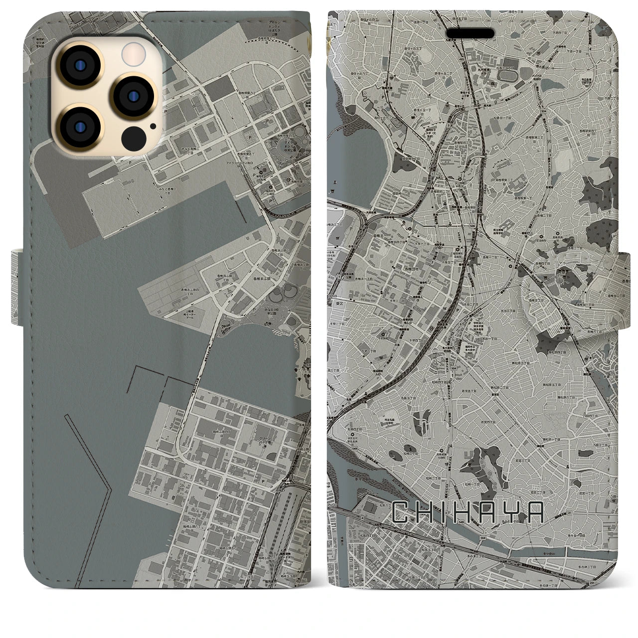 【千早】地図柄iPhoneケース（手帳両面タイプ・モノトーン）iPhone 12 Pro Max 用