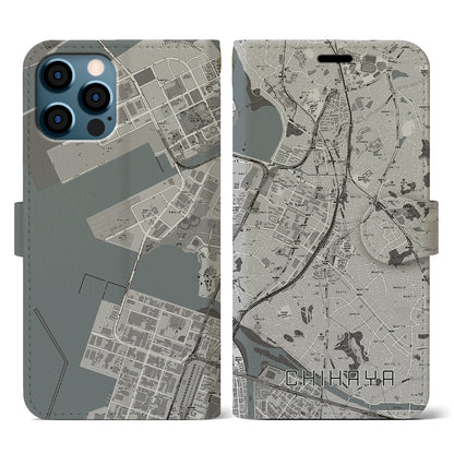 【千早（福岡県）】地図柄iPhoneケース（手帳タイプ）モノトーン・iPhone 12 / 12 Pro 用