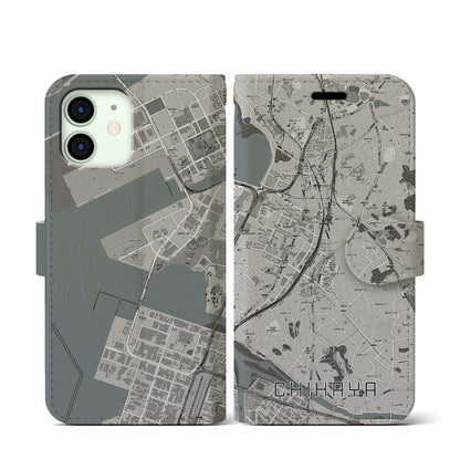 【千早（福岡県）】地図柄iPhoneケース（手帳タイプ）モノトーン・iPhone 12 mini 用