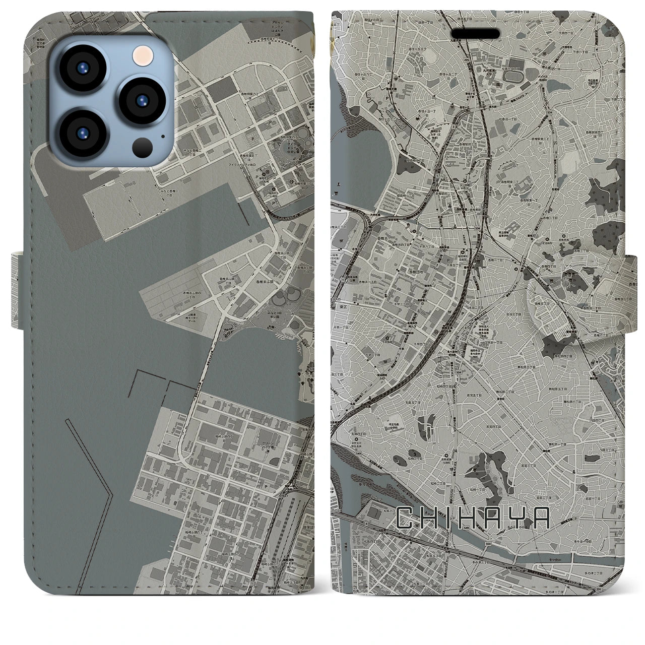 【千早】地図柄iPhoneケース（手帳両面タイプ・モノトーン）iPhone 13 Pro Max 用