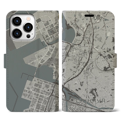 【千早（福岡県）】地図柄iPhoneケース（手帳タイプ）モノトーン・iPhone 13 Pro 用