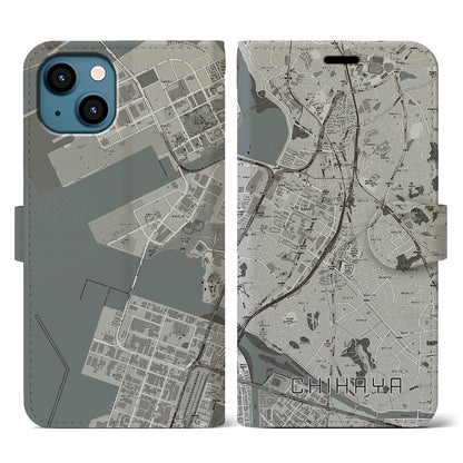 【千早（福岡県）】地図柄iPhoneケース（手帳タイプ）モノトーン・iPhone 13 用
