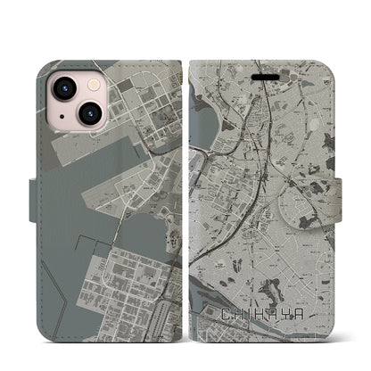 【千早（福岡県）】地図柄iPhoneケース（手帳タイプ）モノトーン・iPhone 13 mini 用