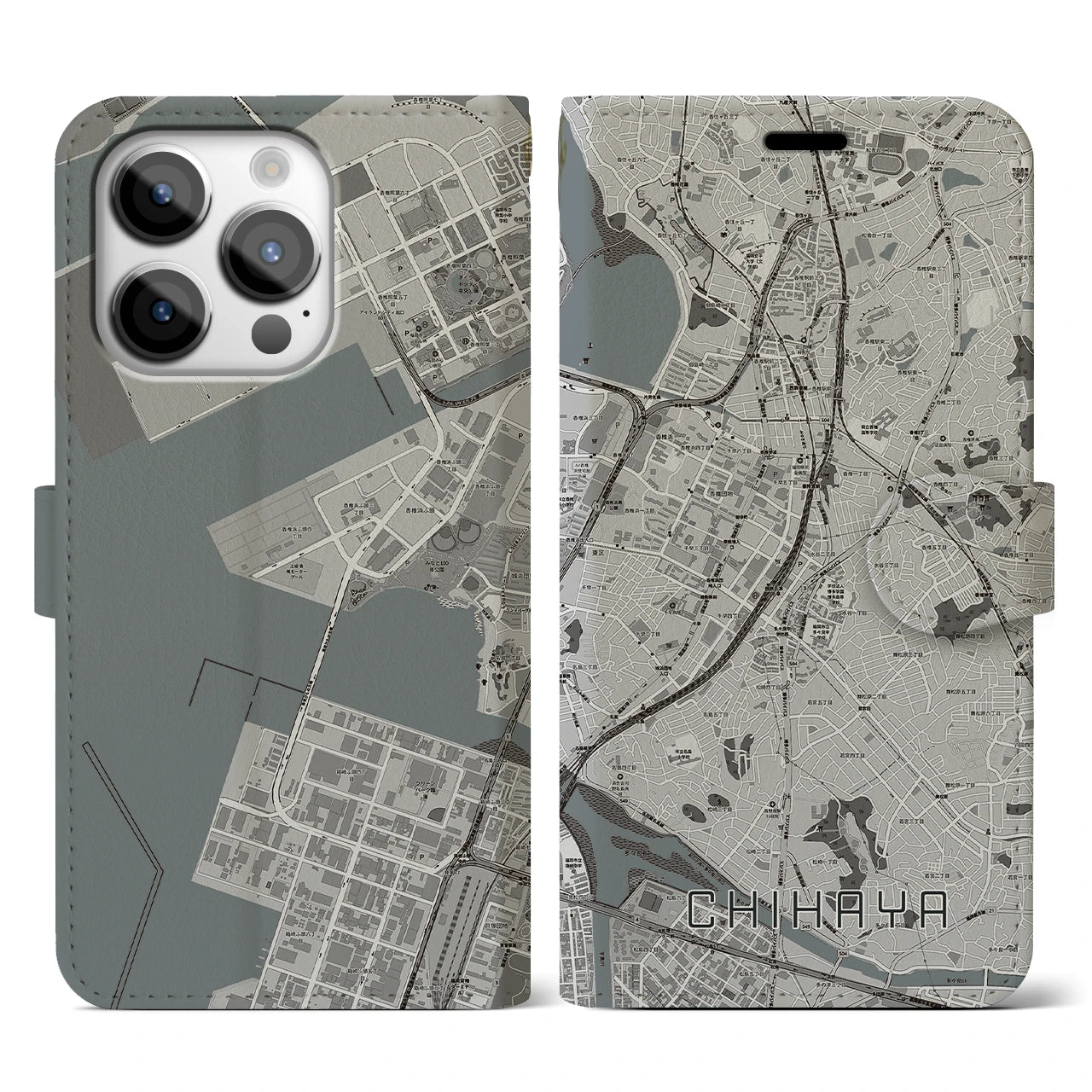 【千早】地図柄iPhoneケース（手帳両面タイプ・モノトーン）iPhone 14 Pro 用