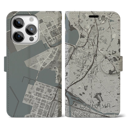 【千早（福岡県）】地図柄iPhoneケース（手帳タイプ）モノトーン・iPhone 14 Pro 用