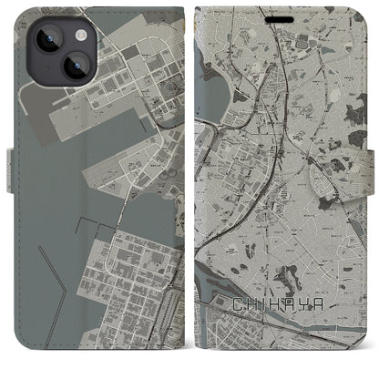 【千早（福岡県）】地図柄iPhoneケース（手帳タイプ）モノトーン・iPhone 14 Plus 用