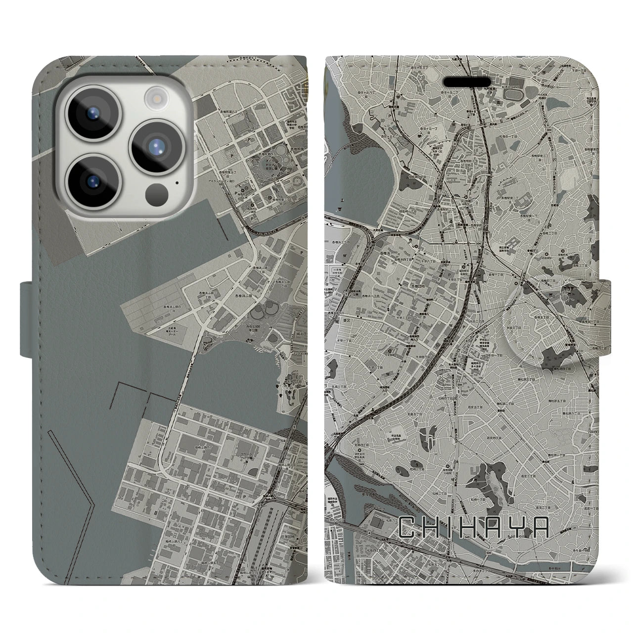【千早】地図柄iPhoneケース（手帳両面タイプ・モノトーン）iPhone 15 Pro 用