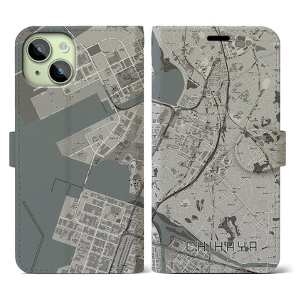【千早（福岡県）】地図柄iPhoneケース（手帳タイプ）モノトーン・iPhone 15 用