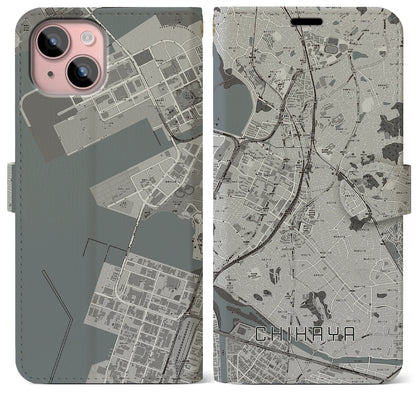 【千早（福岡県）】地図柄iPhoneケース（手帳タイプ）モノトーン・iPhone 15 Plus 用