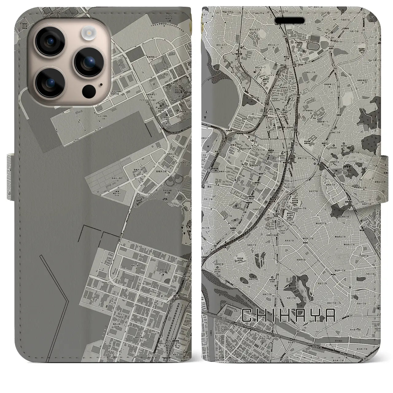 【千早（福岡県）】地図柄iPhoneケース（手帳タイプ）モノトーン・iPhone 16 Plus 用