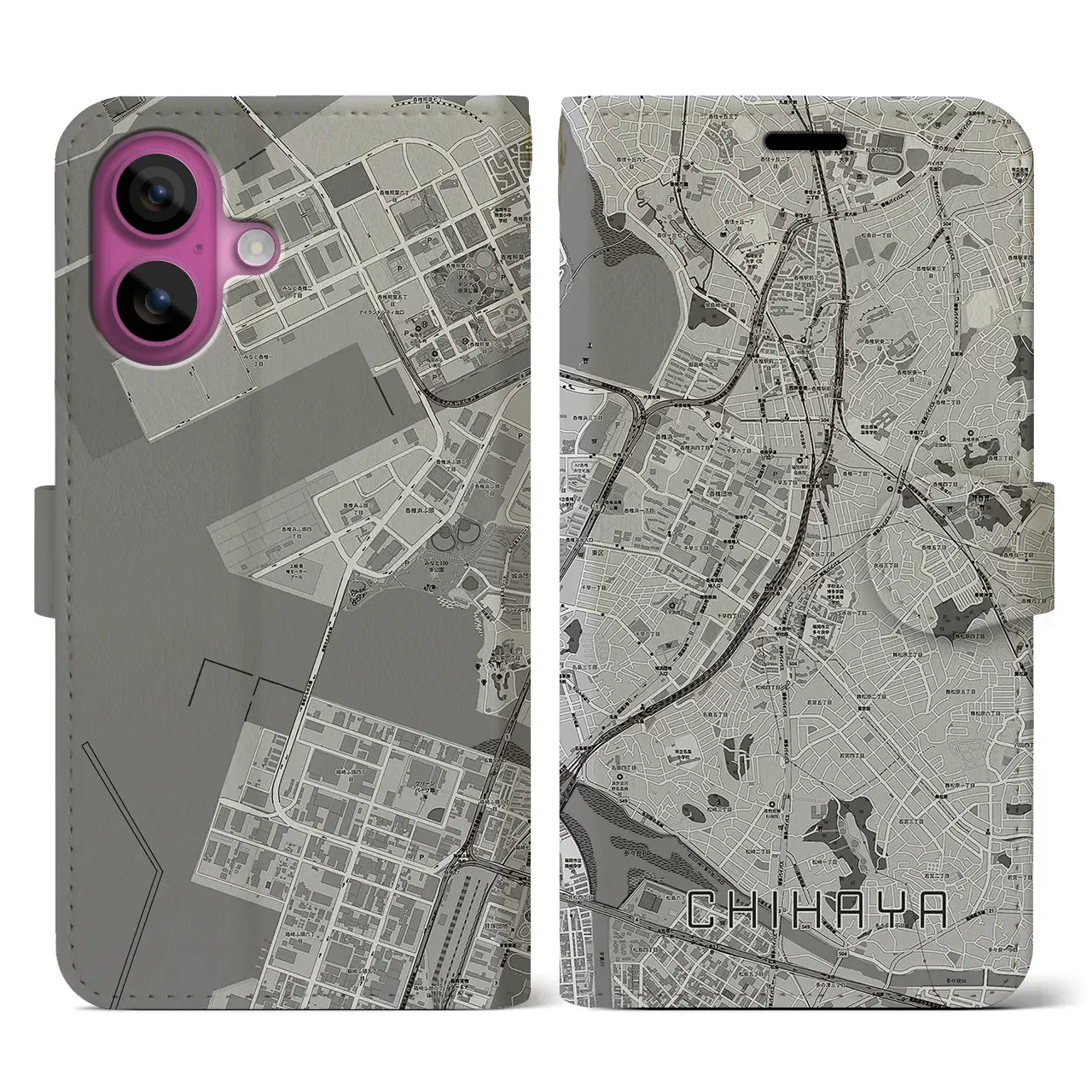 【千早（福岡県）】地図柄iPhoneケース（手帳タイプ）モノトーン・iPhone 16 Pro 用