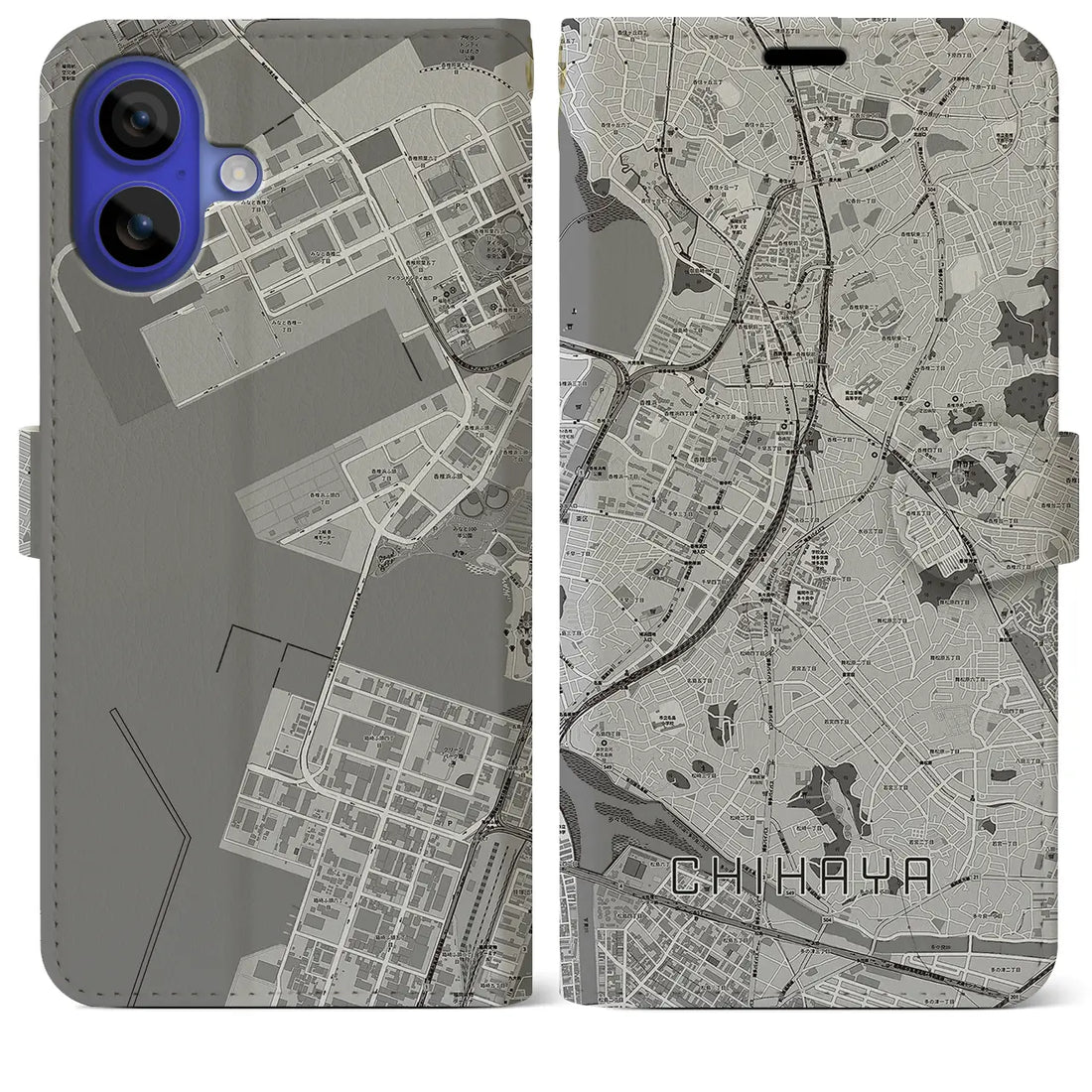 【千早(福岡県)】地図柄iPhoneケース(手帳タイプ)モノトーン・iPhone 16 Pro Max 用