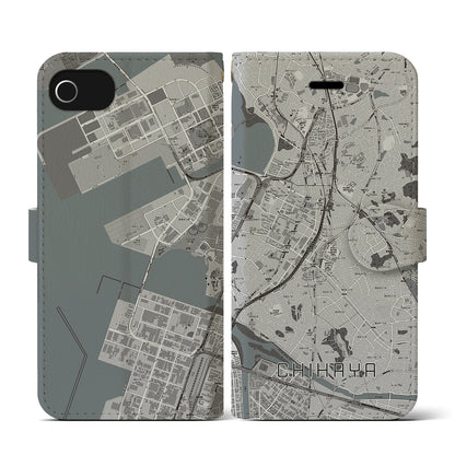 【千早（福岡県）】地図柄iPhoneケース（手帳タイプ）モノトーン・iPhone SE（第3 / 第2世代） / 8 / 7 / 6s / 6 用