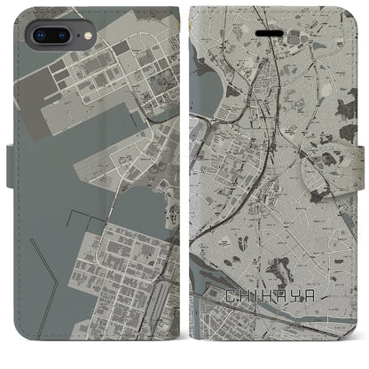 【千早（福岡県）】地図柄iPhoneケース（手帳タイプ）モノトーン・iPhone 8Plus /7Plus / 6sPlus / 6Plus 用