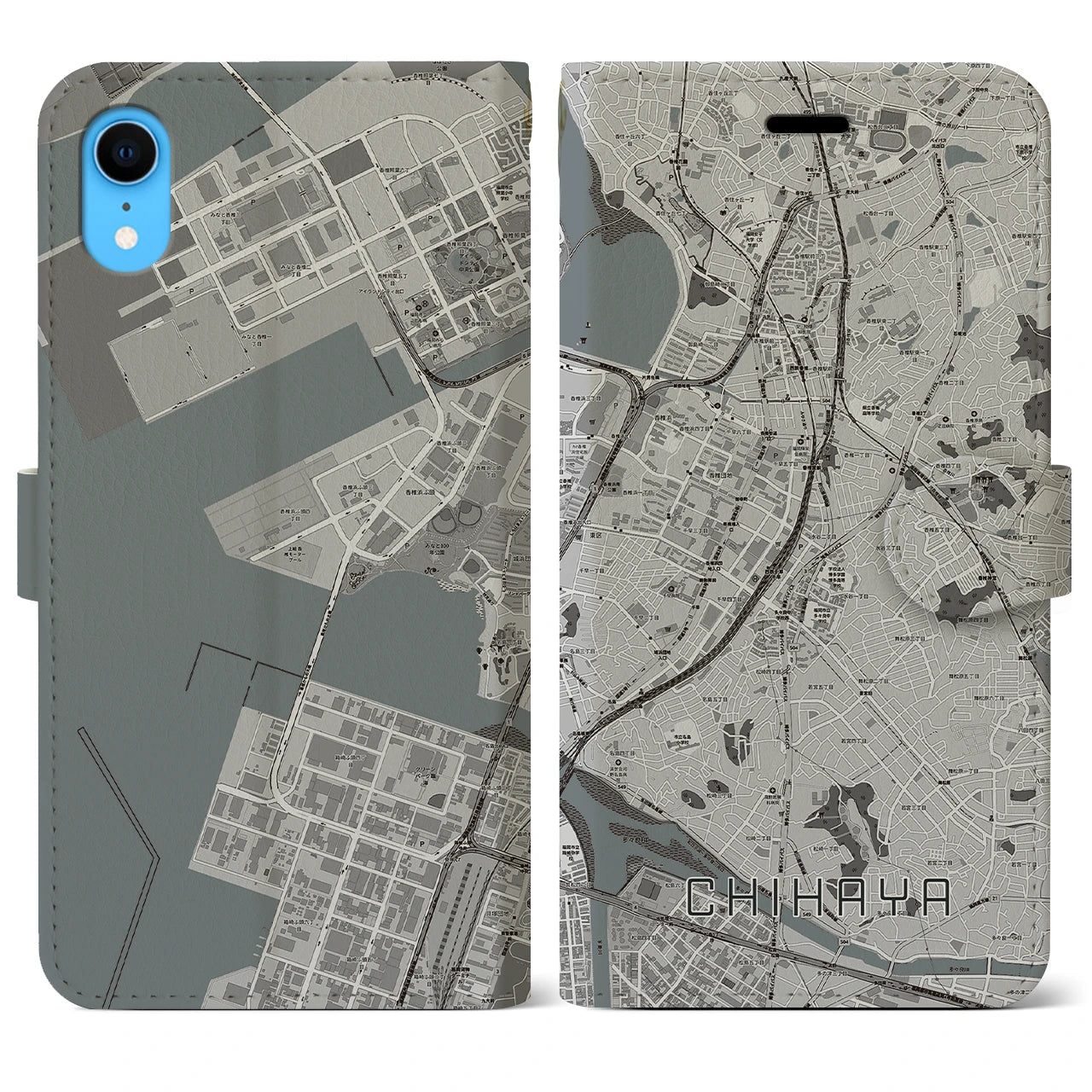 【千早】地図柄iPhoneケース（手帳両面タイプ・モノトーン）iPhone XR 用