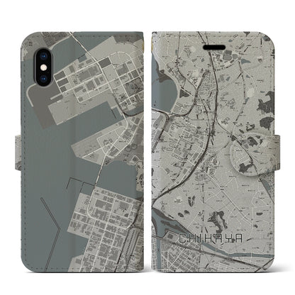 【千早（福岡県）】地図柄iPhoneケース（手帳タイプ）モノトーン・iPhone XS / X 用