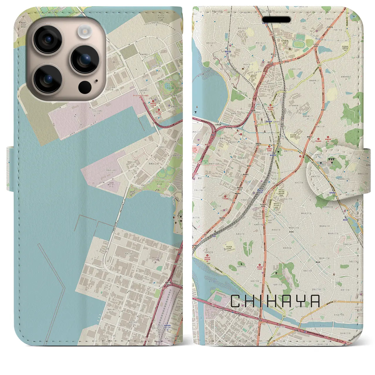 【千早（福岡県）】地図柄iPhoneケース（手帳タイプ）ナチュラル・iPhone 16 Plus 用