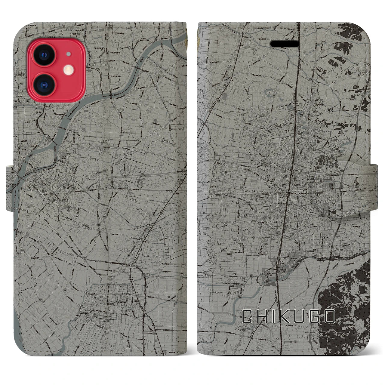 【筑後】地図柄iPhoneケース（手帳両面タイプ・モノトーン）iPhone 11 用