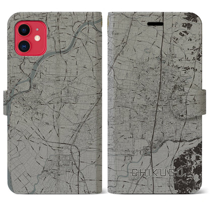 【筑後（福岡県）】地図柄iPhoneケース（手帳タイプ）モノトーン・iPhone 11 用