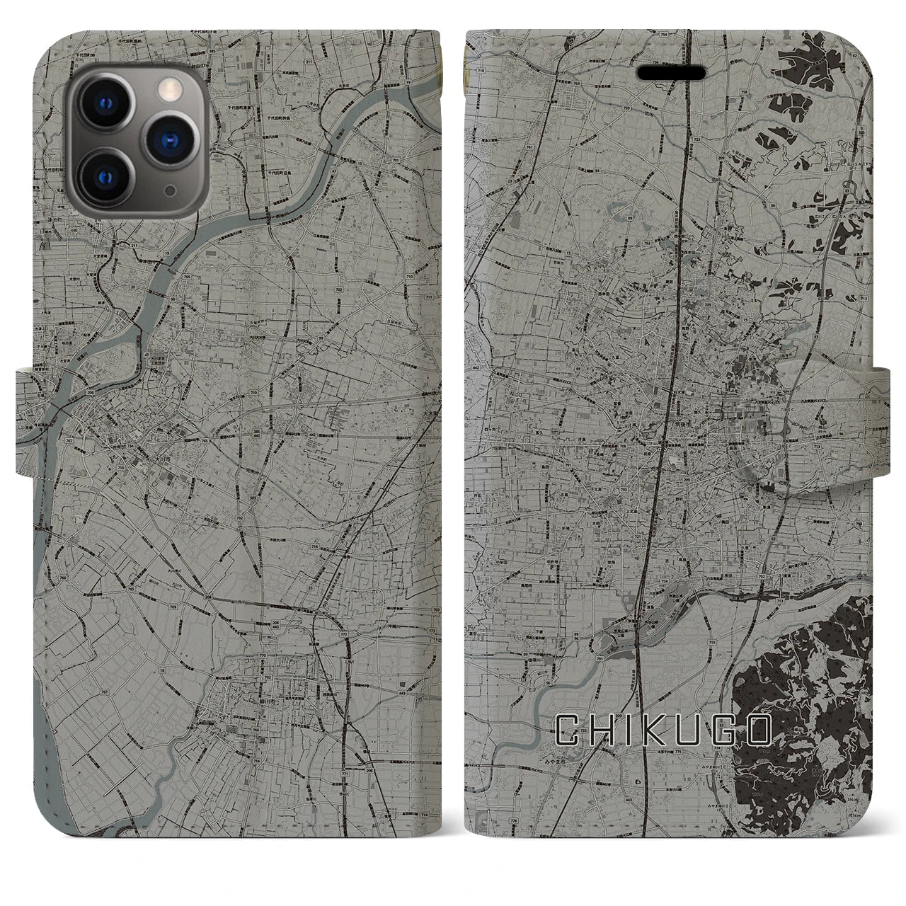 【筑後】地図柄iPhoneケース（手帳両面タイプ・モノトーン）iPhone 11 Pro Max 用