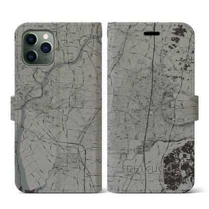【筑後（福岡県）】地図柄iPhoneケース（手帳タイプ）モノトーン・iPhone 11 Pro 用