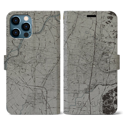 【筑後（福岡県）】地図柄iPhoneケース（手帳タイプ）モノトーン・iPhone 12 / 12 Pro 用