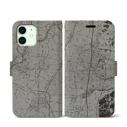 【筑後（福岡県）】地図柄iPhoneケース（手帳タイプ）モノトーン・iPhone 12 mini 用