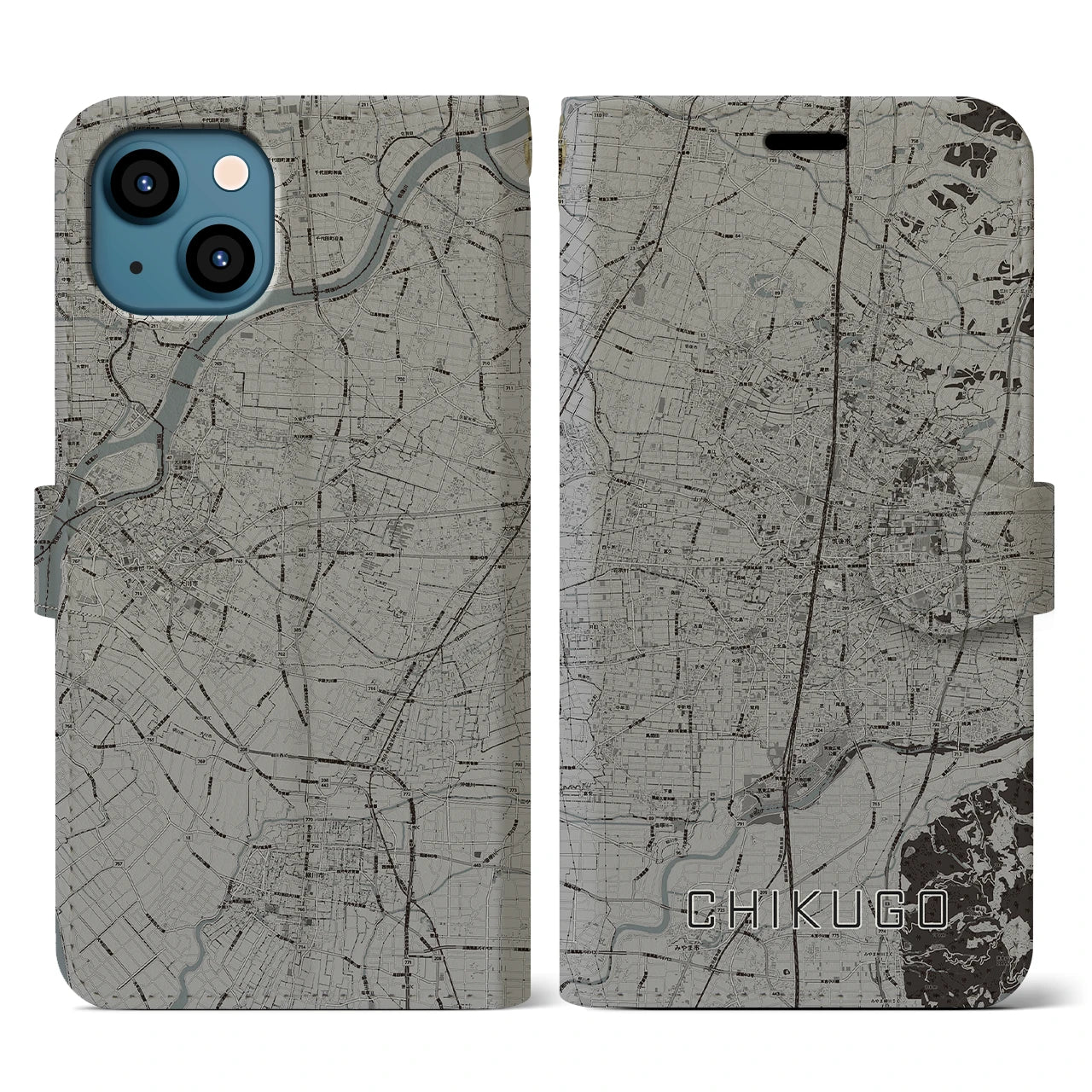 【筑後】地図柄iPhoneケース（手帳両面タイプ・モノトーン）iPhone 13 用