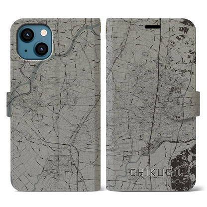 【筑後（福岡県）】地図柄iPhoneケース（手帳タイプ）モノトーン・iPhone 13 用