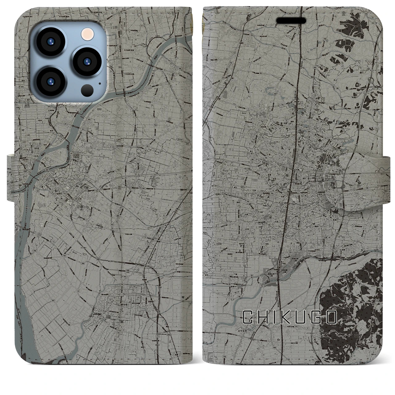 【筑後】地図柄iPhoneケース（手帳両面タイプ・モノトーン）iPhone 13 Pro Max 用