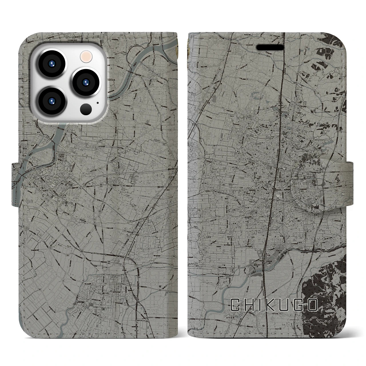 【筑後】地図柄iPhoneケース（手帳両面タイプ・モノトーン）iPhone 13 Pro 用