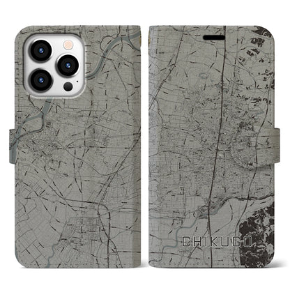 【筑後（福岡県）】地図柄iPhoneケース（手帳タイプ）モノトーン・iPhone 13 Pro 用