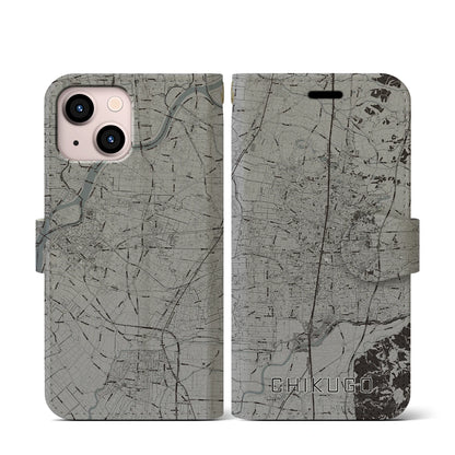 【筑後（福岡県）】地図柄iPhoneケース（手帳タイプ）モノトーン・iPhone 13 mini 用