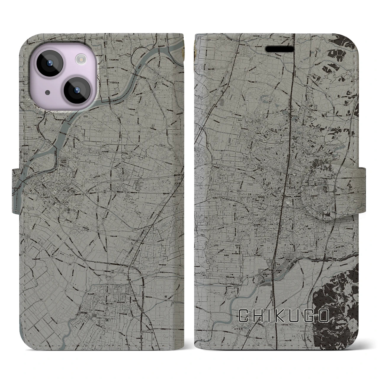 【筑後】地図柄iPhoneケース（手帳両面タイプ・モノトーン）iPhone 14 用