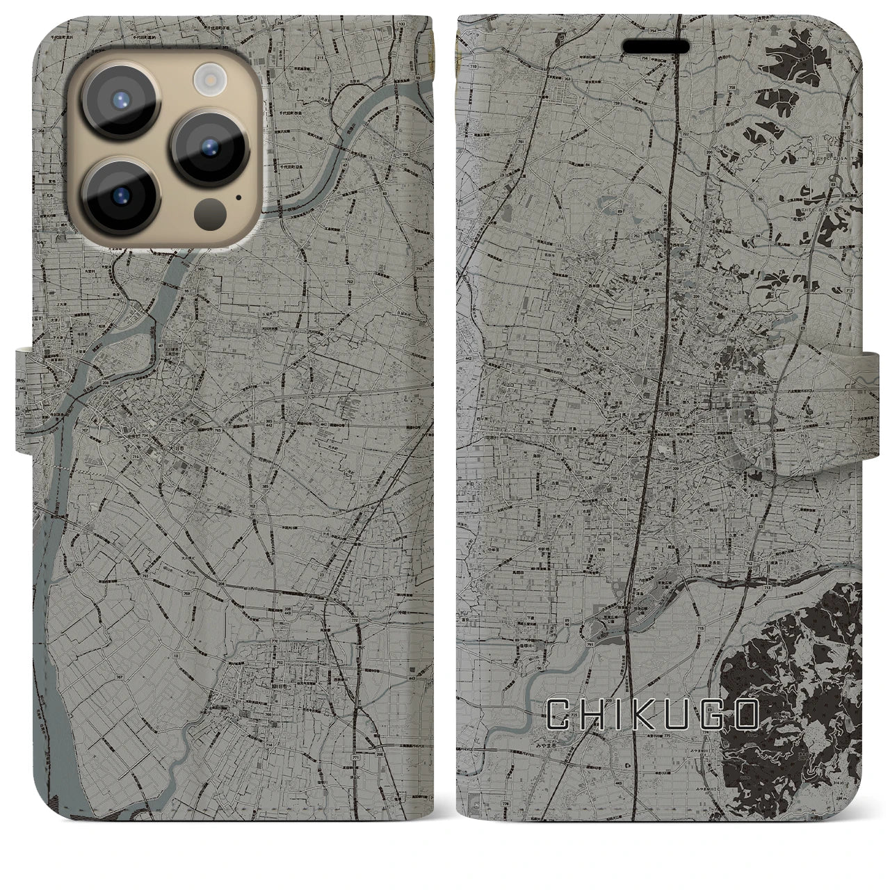 【筑後】地図柄iPhoneケース（手帳両面タイプ・モノトーン）iPhone 14 Pro Max 用