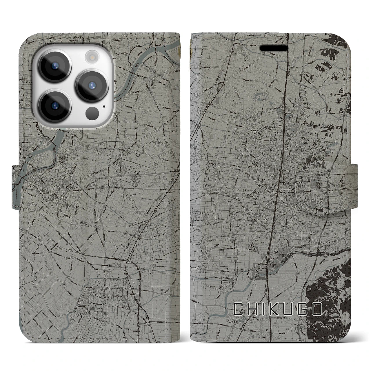 【筑後】地図柄iPhoneケース（手帳両面タイプ・モノトーン）iPhone 14 Pro 用