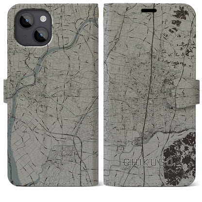 【筑後（福岡県）】地図柄iPhoneケース（手帳タイプ）モノトーン・iPhone 14 Plus 用