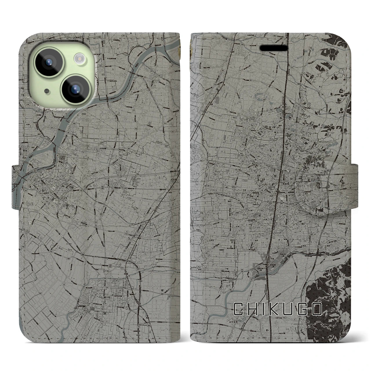 【筑後】地図柄iPhoneケース（手帳両面タイプ・モノトーン）iPhone 15 用