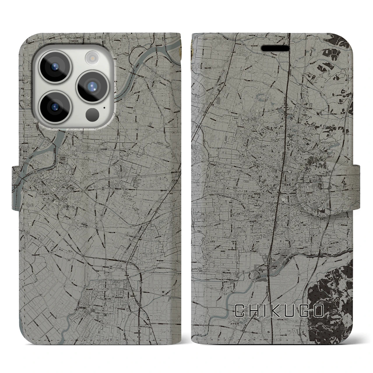 【筑後】地図柄iPhoneケース（手帳両面タイプ・モノトーン）iPhone 15 Pro 用