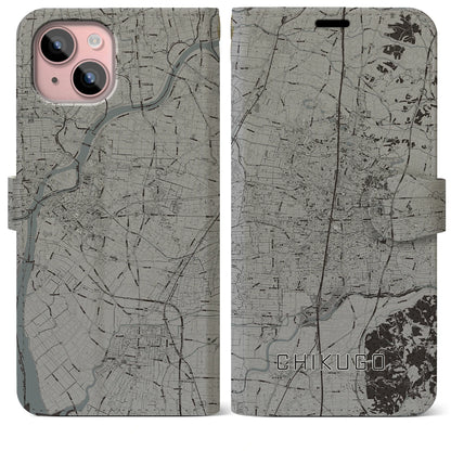 【筑後（福岡県）】地図柄iPhoneケース（手帳タイプ）モノトーン・iPhone 15 Plus 用