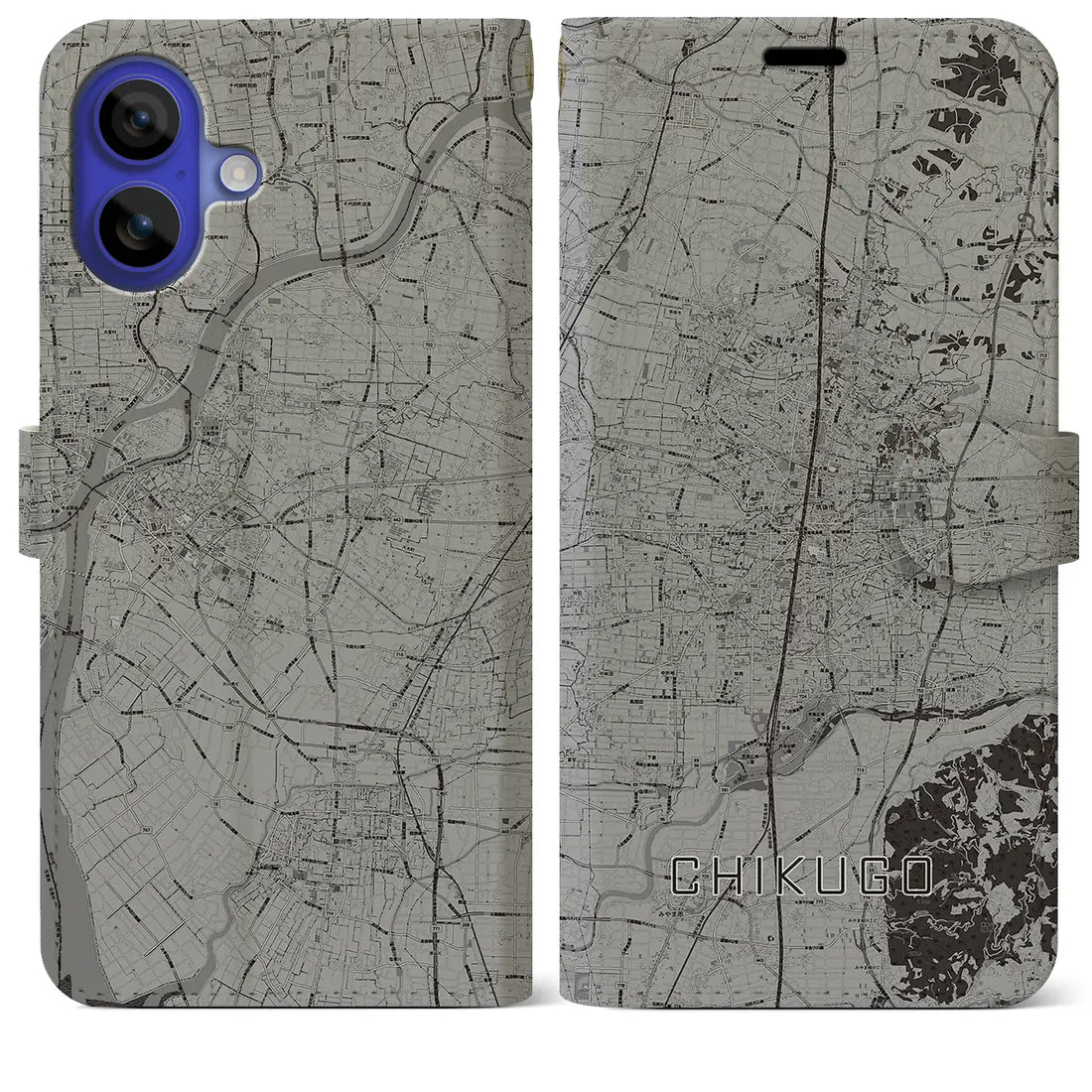 【筑後(福岡県)】地図柄iPhoneケース(手帳タイプ)モノトーン・iPhone 16 Pro Max 用