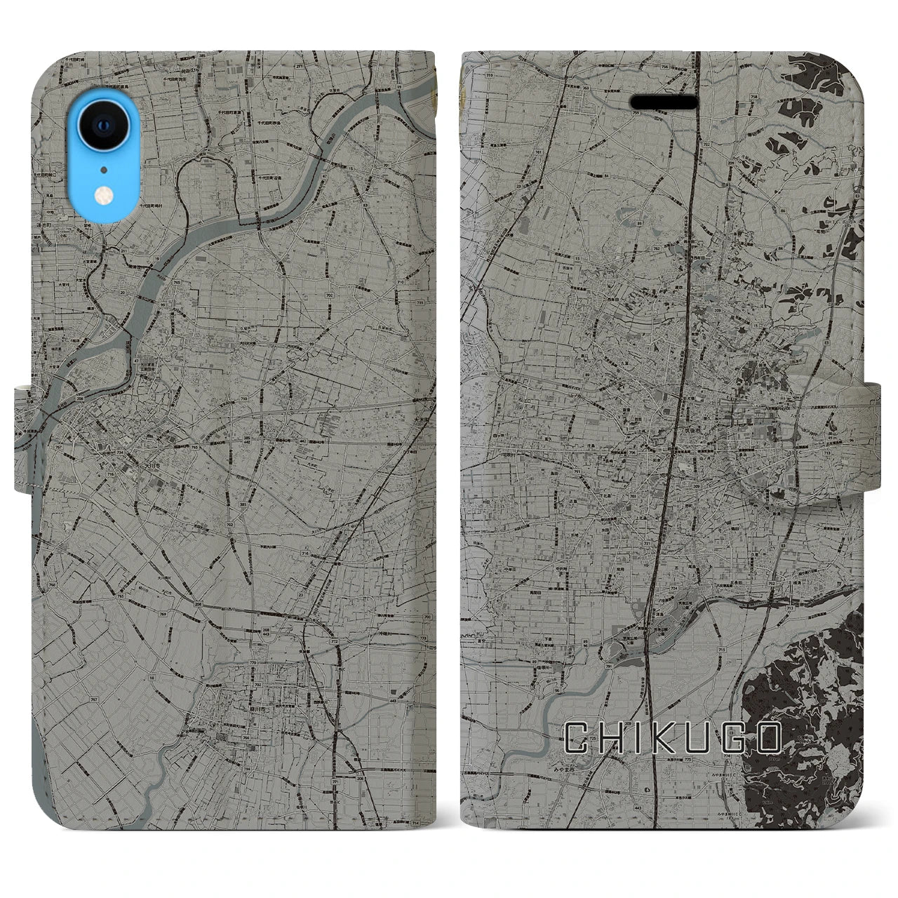 【筑後】地図柄iPhoneケース（手帳両面タイプ・モノトーン）iPhone XR 用