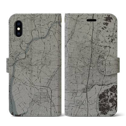 【筑後（福岡県）】地図柄iPhoneケース（手帳タイプ）モノトーン・iPhone XS / X 用