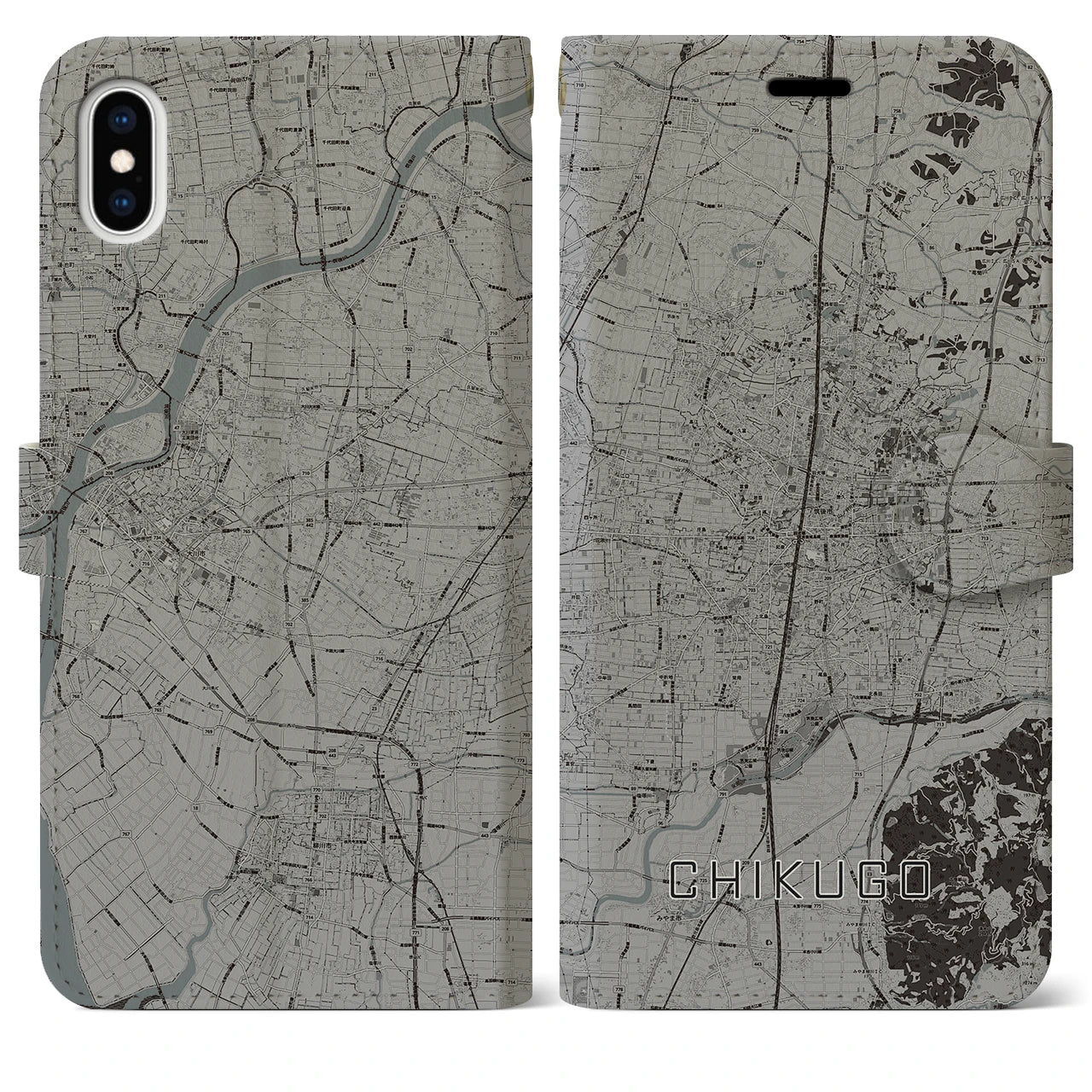 【筑後】地図柄iPhoneケース（手帳両面タイプ・モノトーン）iPhone XS Max 用