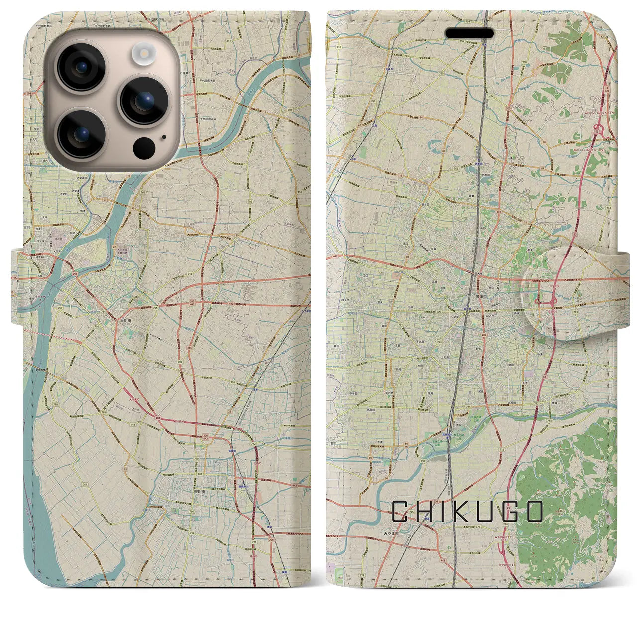 【筑後（福岡県）】地図柄iPhoneケース（手帳タイプ）ナチュラル・iPhone 16 Plus 用