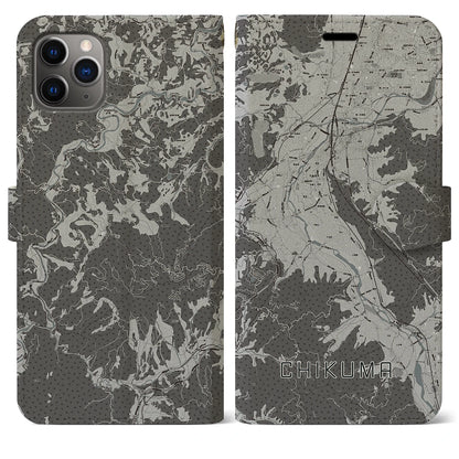 【千曲（長野県）】地図柄iPhoneケース（手帳タイプ）モノトーン・iPhone 11 Pro Max 用