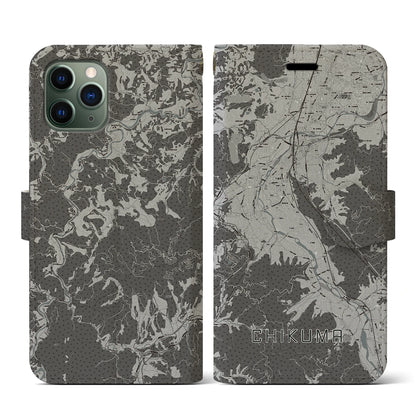 【千曲（長野県）】地図柄iPhoneケース（手帳タイプ）モノトーン・iPhone 11 Pro 用